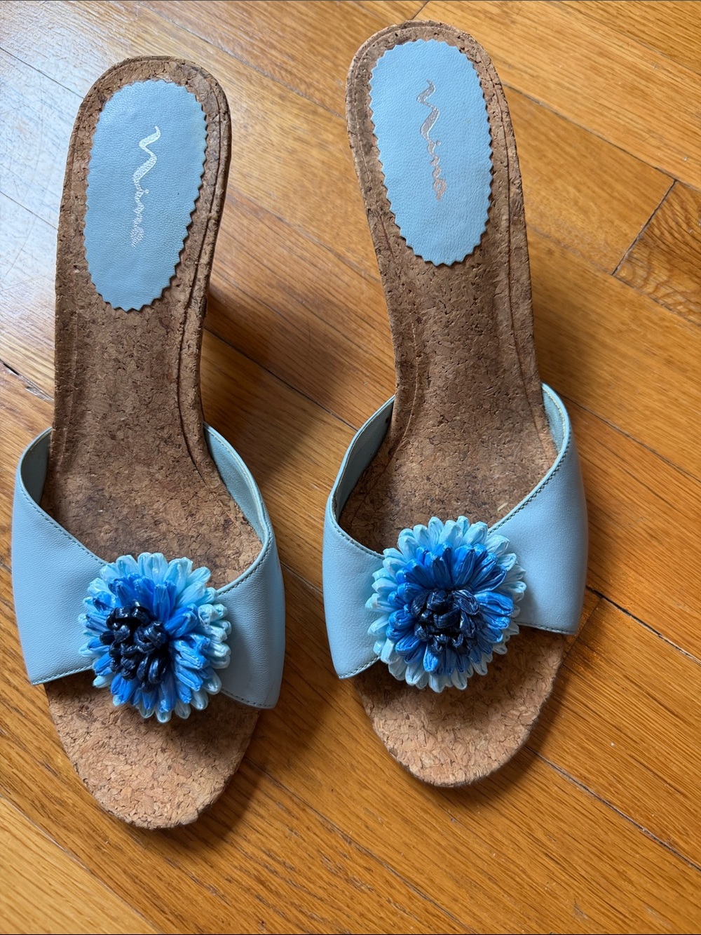 Nina Powder Blue Slide Mules with Blue Floral Embellishment